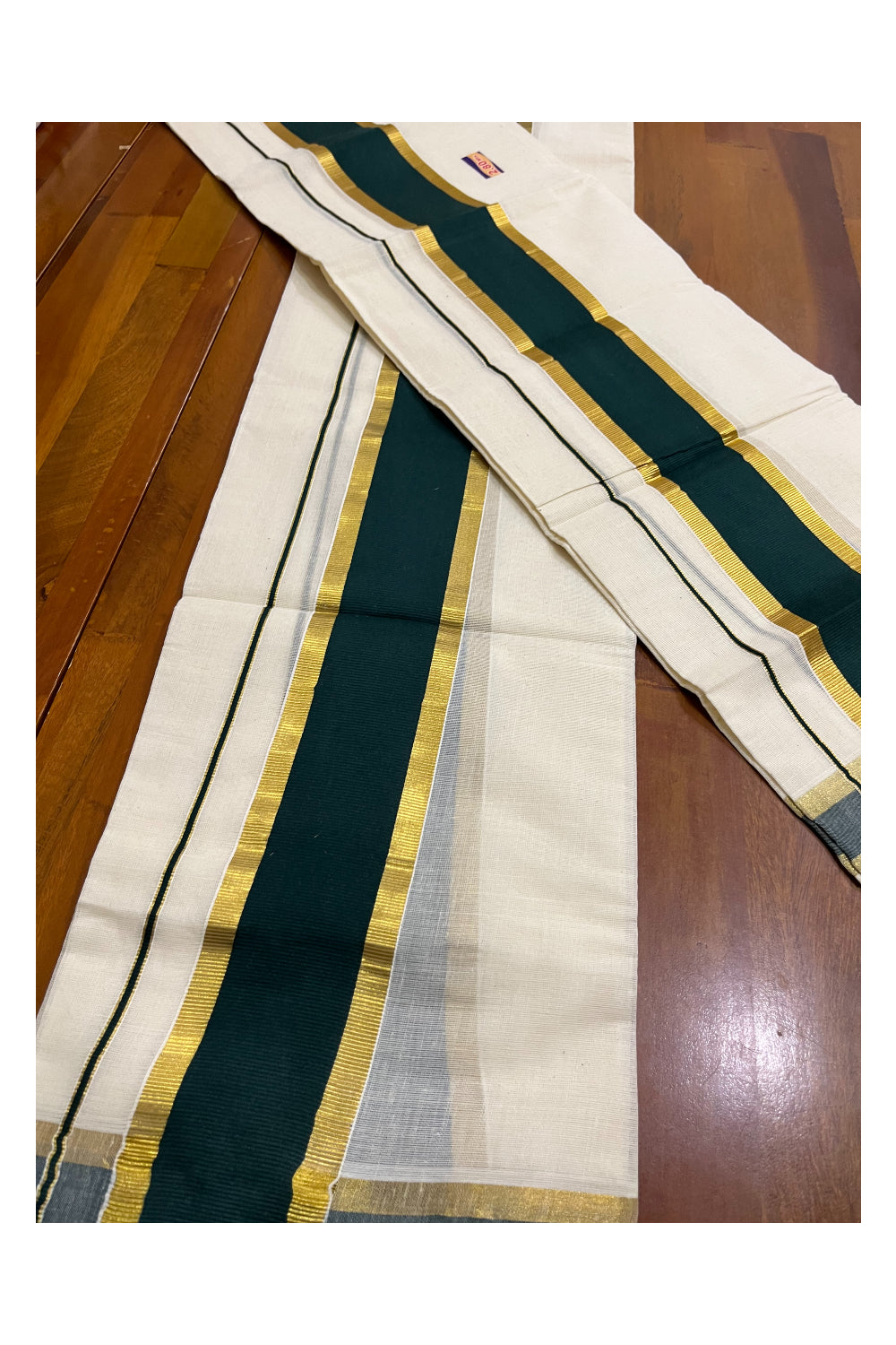 Kerala Cotton Set Mundu (Mundum Neriyathum) with Dark Green and Kasavu Border 2.80 Mtrs
