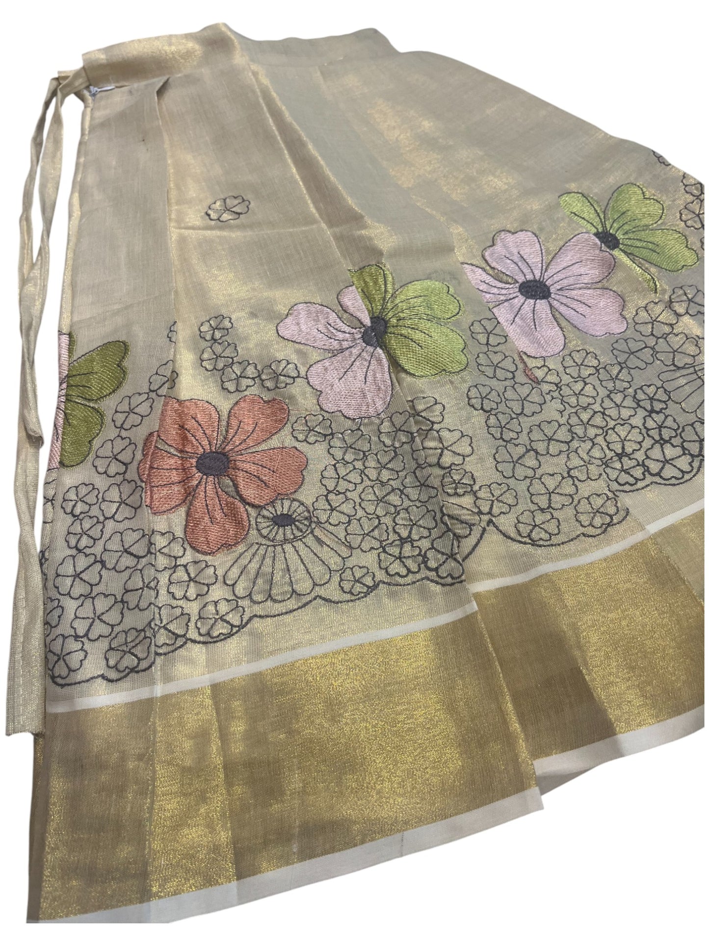 Southloom Kerala Tissue Kasave Pavada Blouse with Embroidery Work for Kids (Age 2)