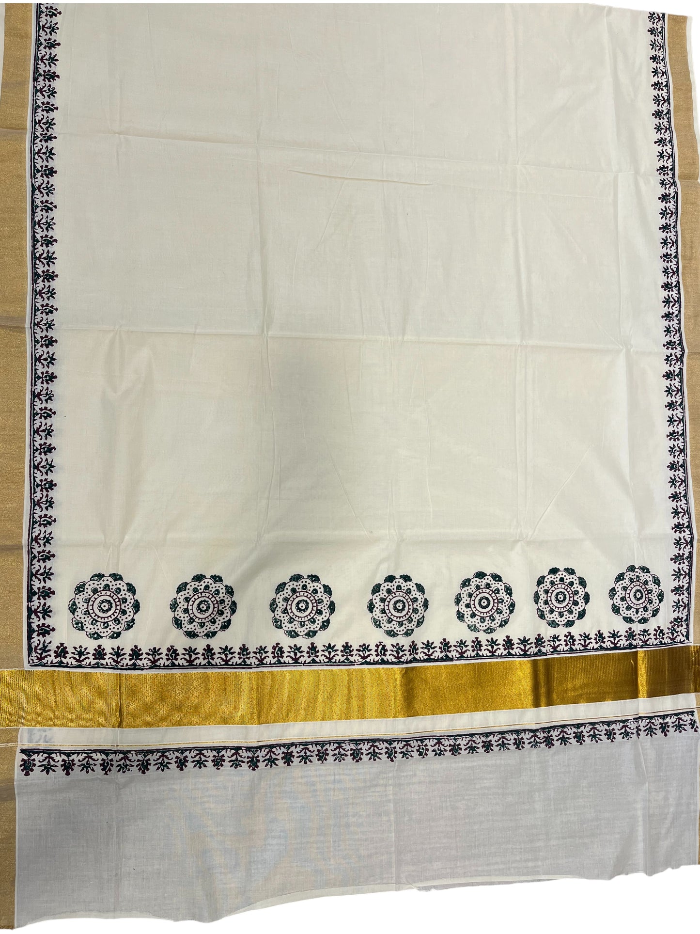 Southloom Cotton Kerala Kasavu Saree with Green and Brown Block Prints On Border