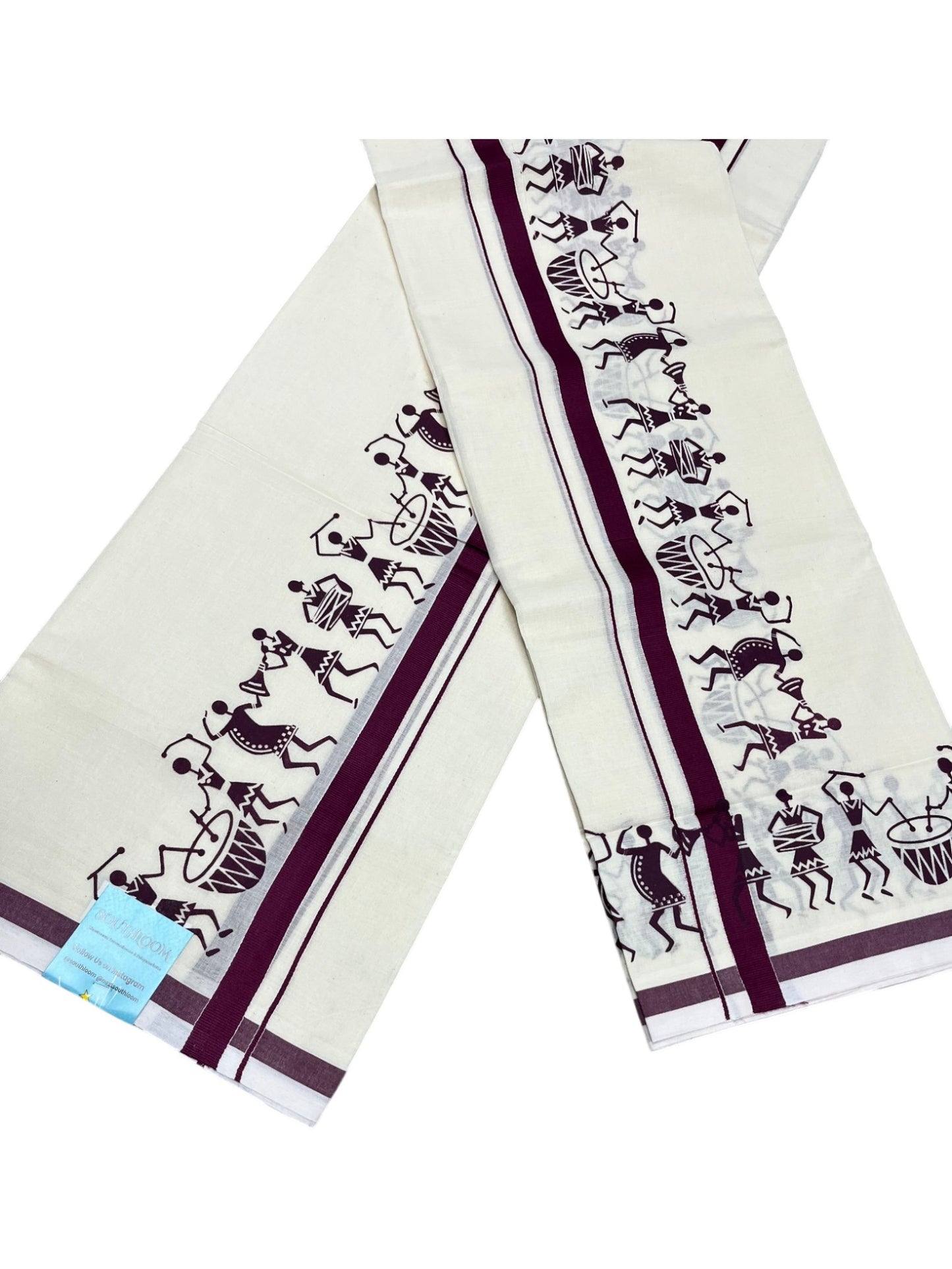 Southloom Pure Cotton Kerala Single Warly Print Set Mundu (Mundum Neriyathum) Purple Border in 2.50 mtrs SL246