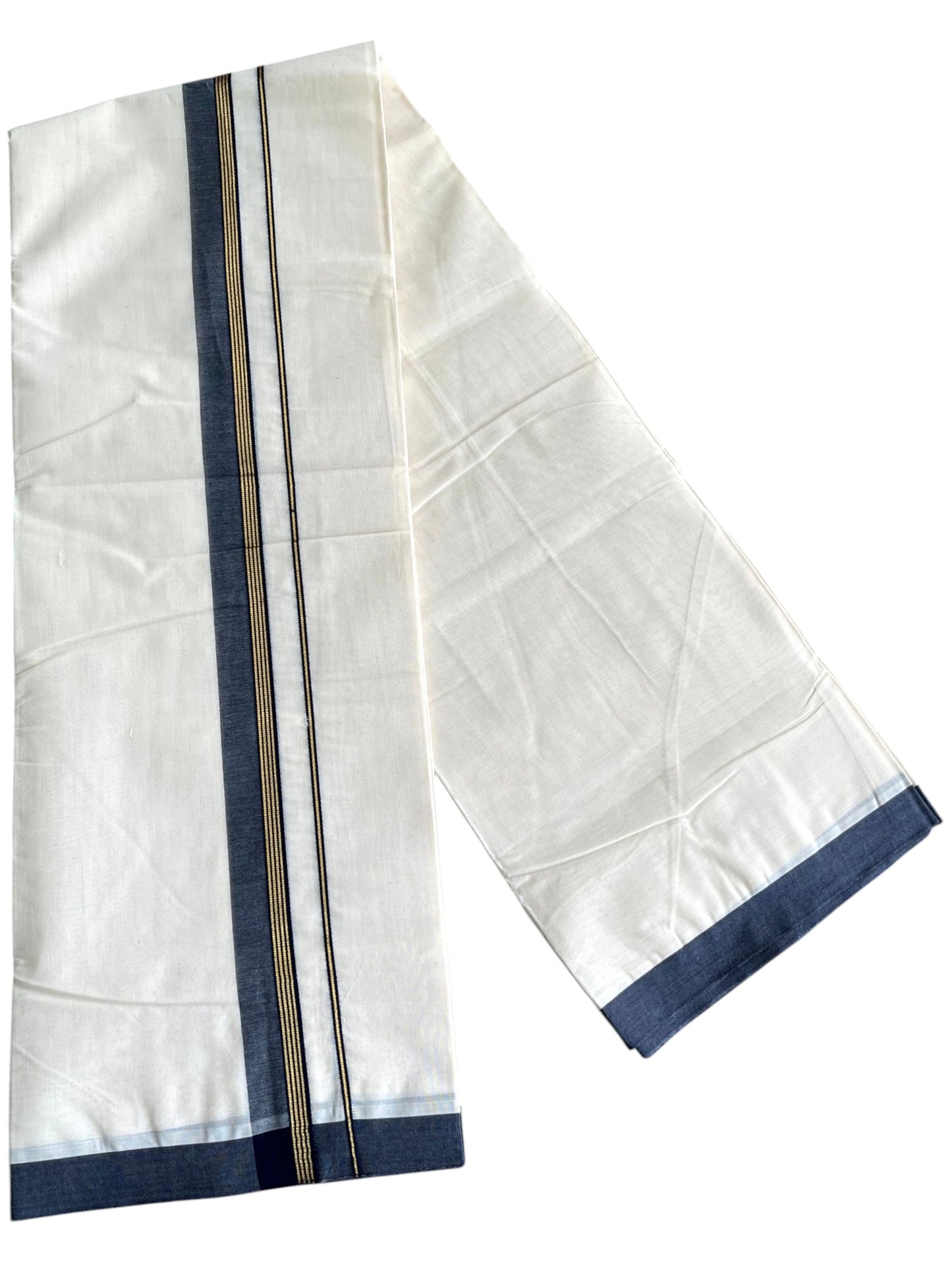 Southloom Pure Cotton Mundu with Golden Lines and Blue Border (South Indian Kerala Dhoti)