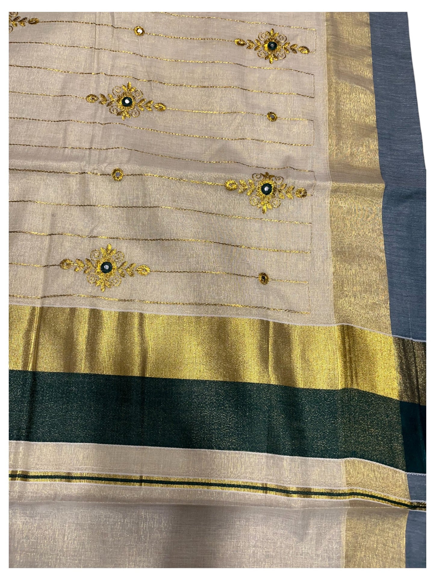 Kerala Tissue Kasavu Lines Saree with Golden And Green Embroidery Works