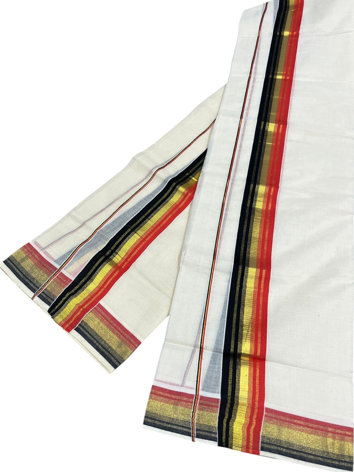 Southloom Kerala Cotton Kasavu Single Set Mundu (Mundum Neriyathum) with Black and Orange Kasavu Border SLKK SL480
