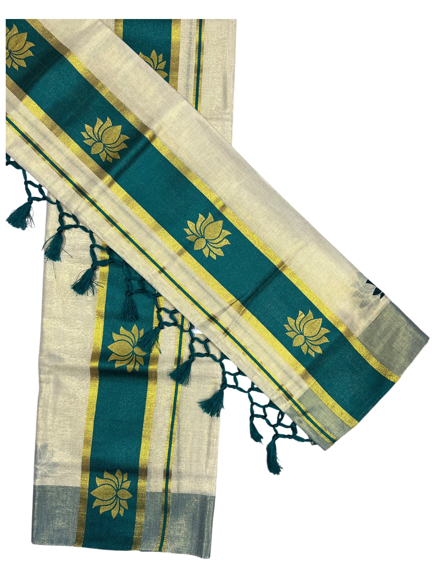 Southloom Kerala Cotton Kasavu Single Set Mundu (Mundum Neriyathum) with Lotus Design in Peacock Green