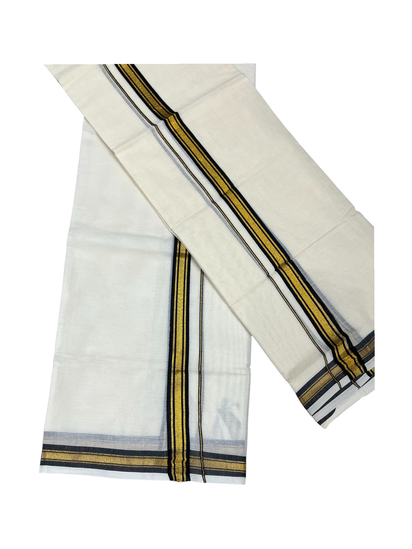 Pure Cotton Kerala Single Set Mundu (Mundum Neriyathum) with Black Kasavu Border in 2.80 Mtrs