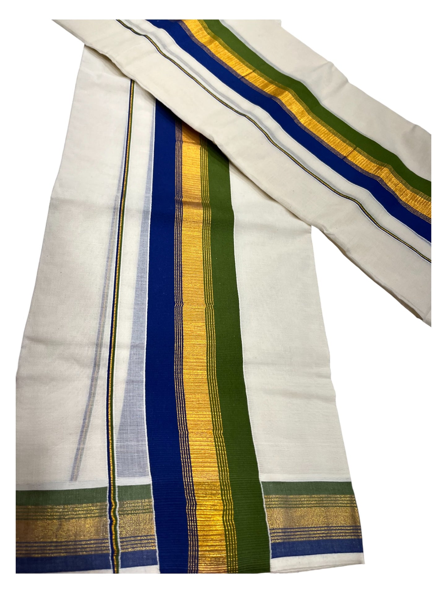 Kerala Cotton Kasavu Set Mundu (Mundum Neriyathum) with Blue and Green Border