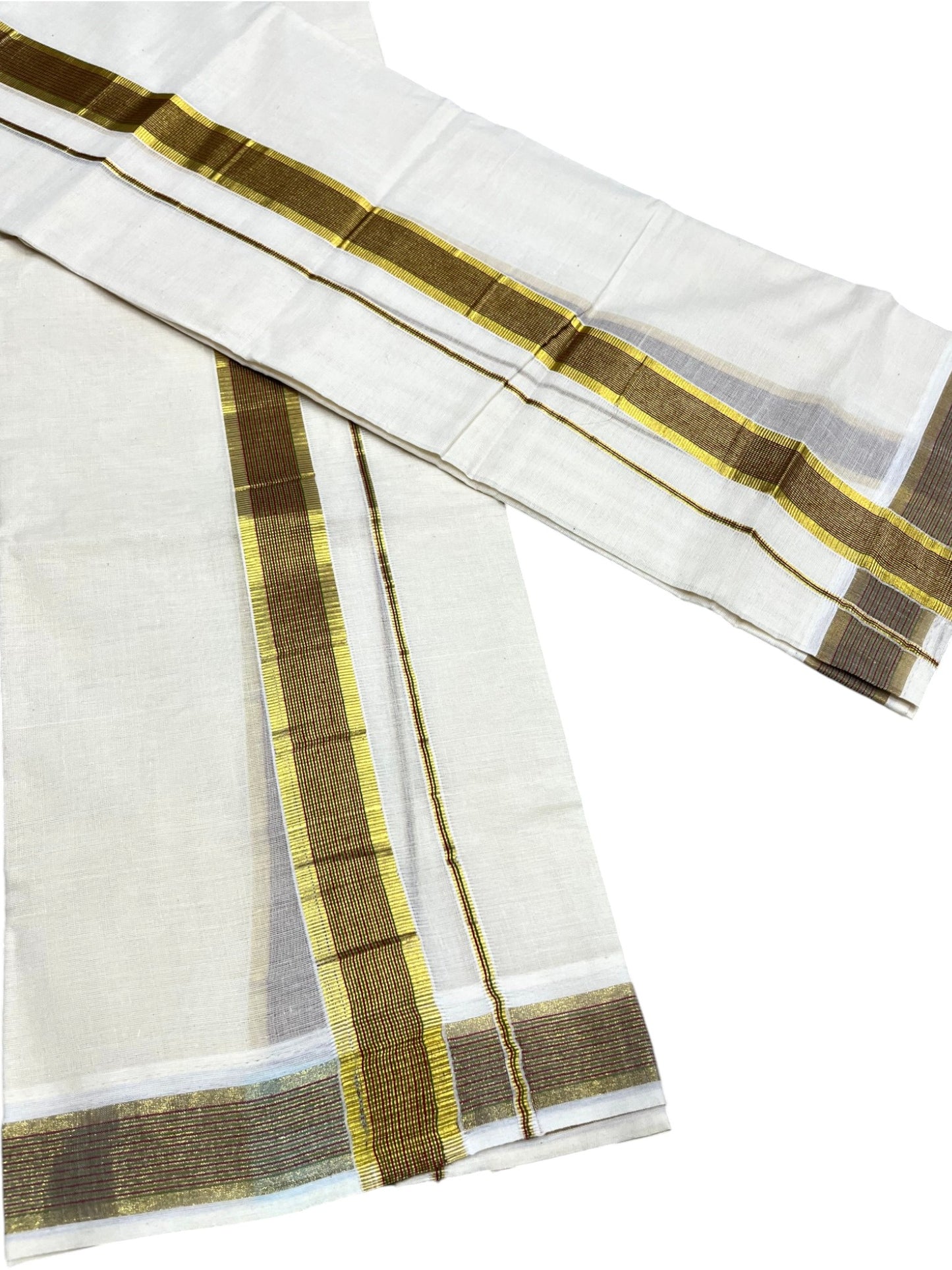 Kerala Cotton Set Mundu (Mundum Neriyathum) with Kasavu and Red & Olive Green Lines Border 2.80 Mtrs SLKK SL470