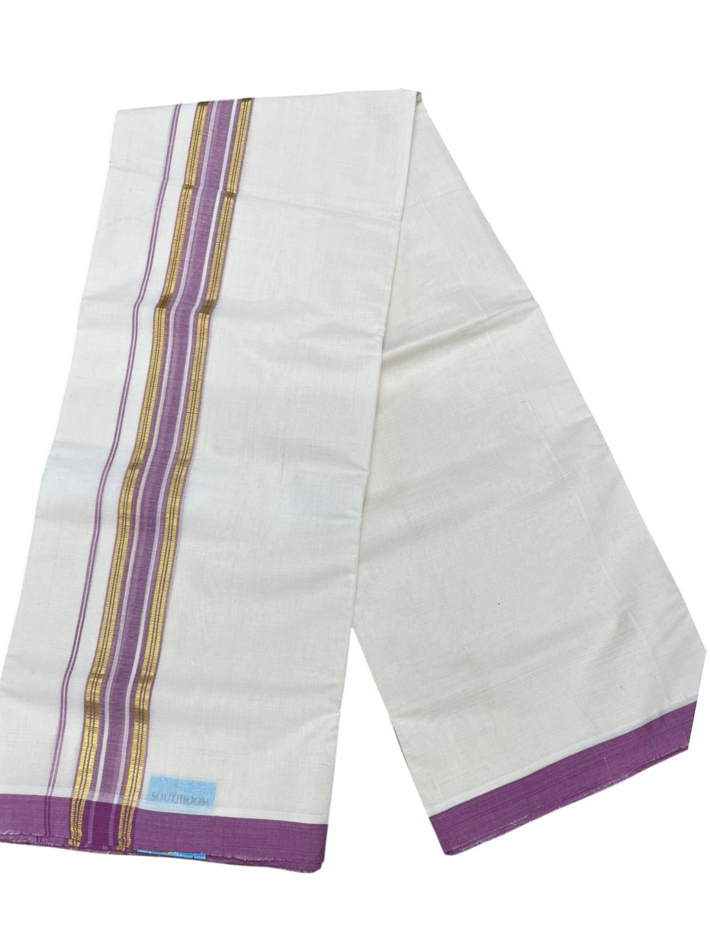 Southloom Balaramapuram Premium Handloom Cotton Double Mundu with Gold Kasavu and Pink Border
