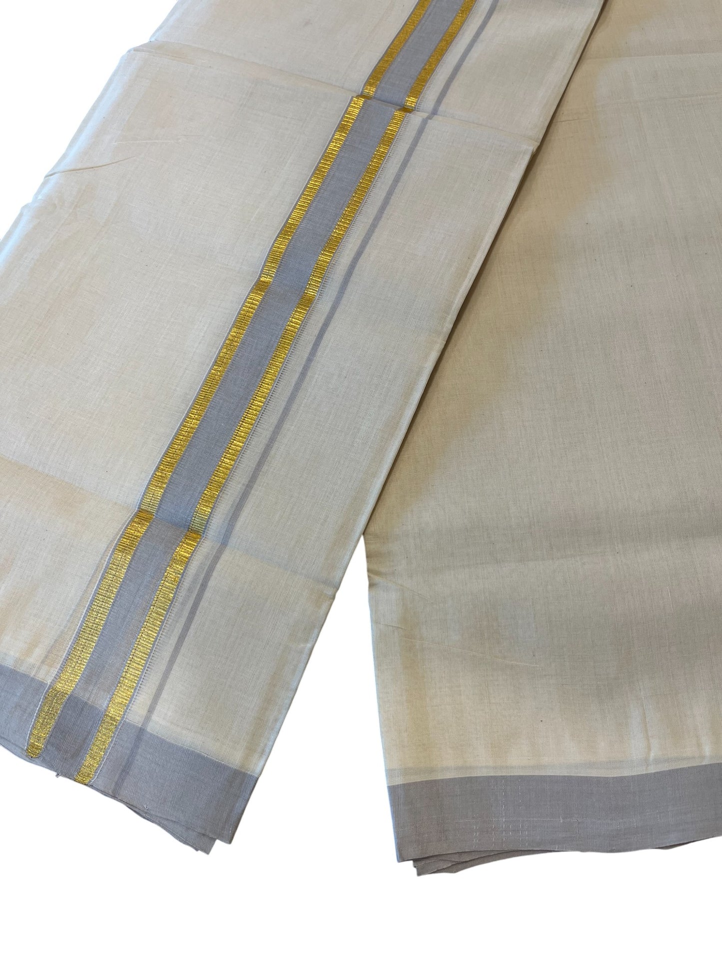 Southloom Premium Handloom Cotton Double Mundu with Gold and Grey Border
