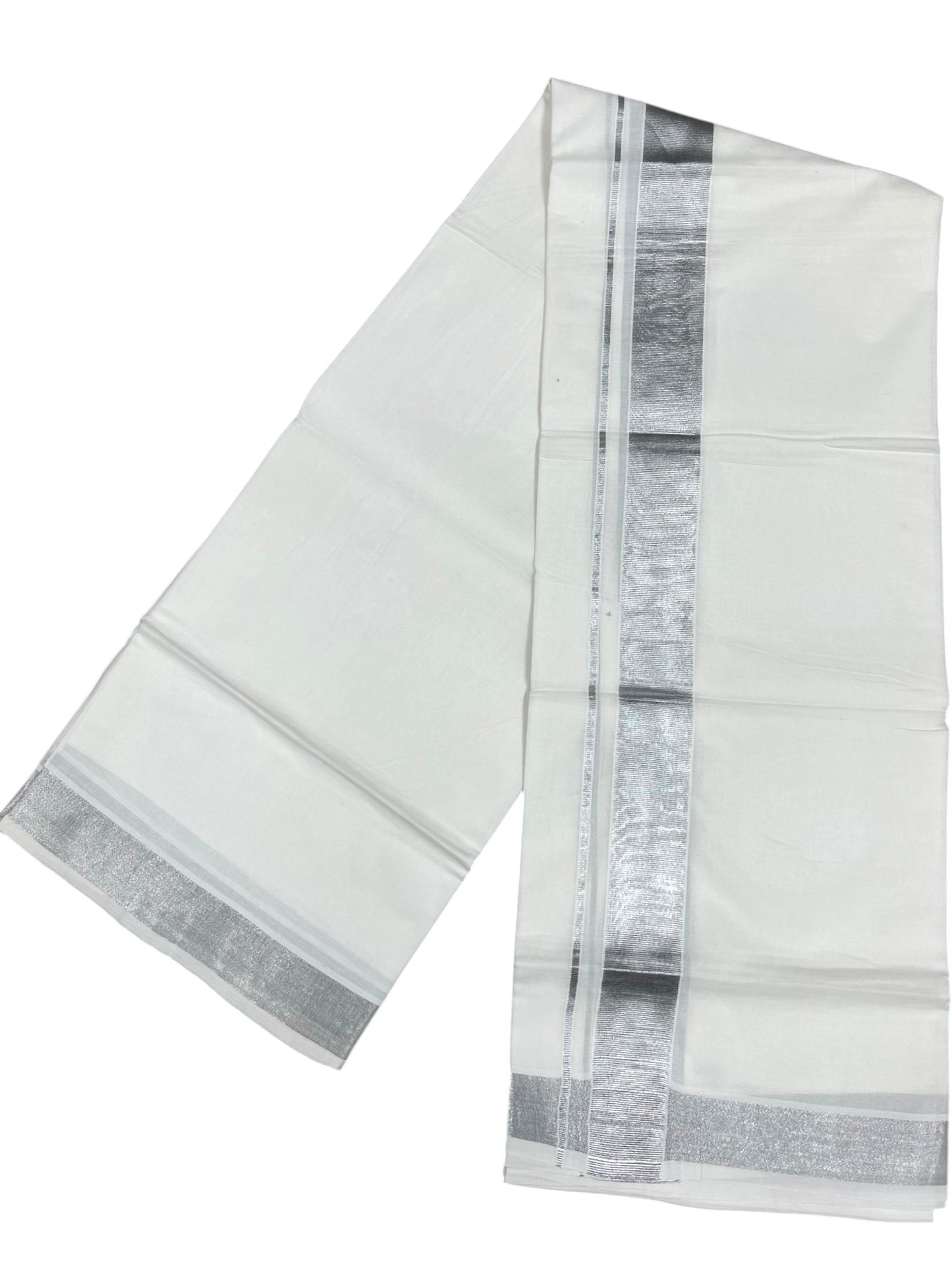 Southloom Kerala Pure White Cotton Double Mundu with Silver Line Border (South Indian Dhoti)