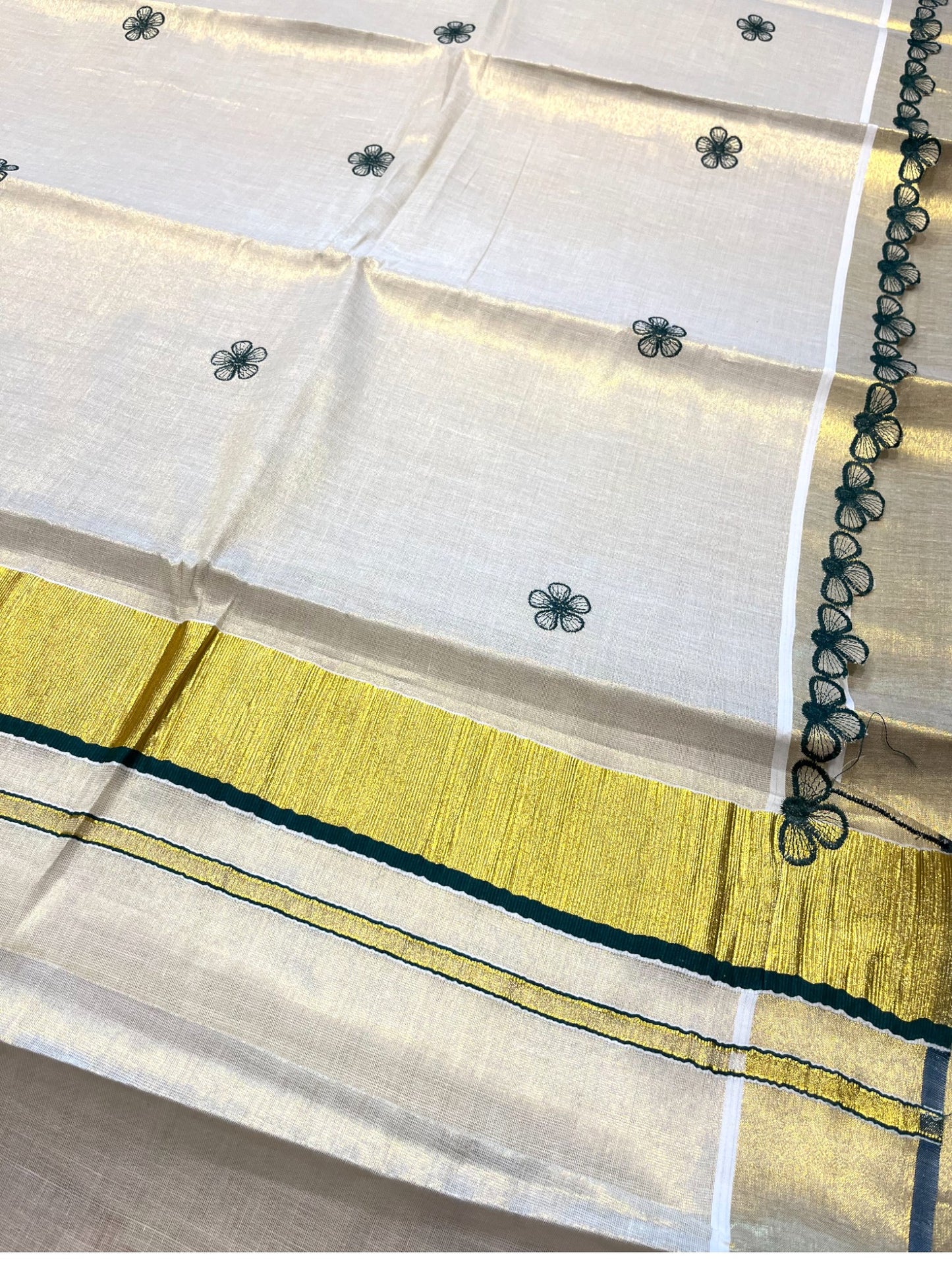 Southloom Kerala Tissue Kasavu Saree with Green Floral Embroidery on Body and Border