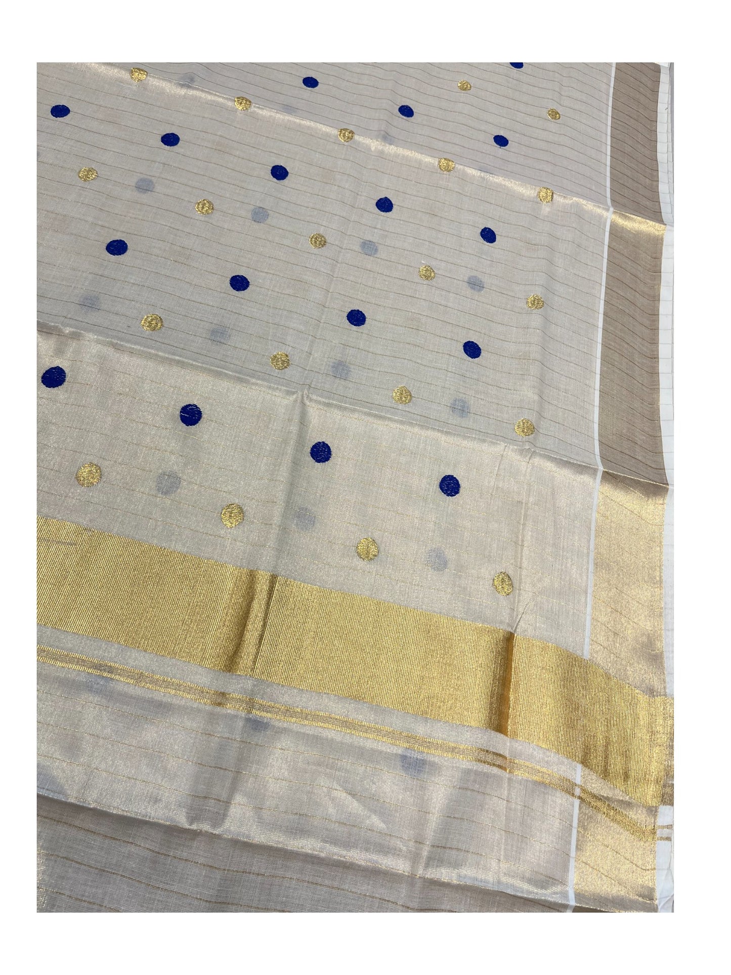 Southloom Kerala Tissue Kasavu Saree with Gold& Blue Polka Embroidery Works on Body