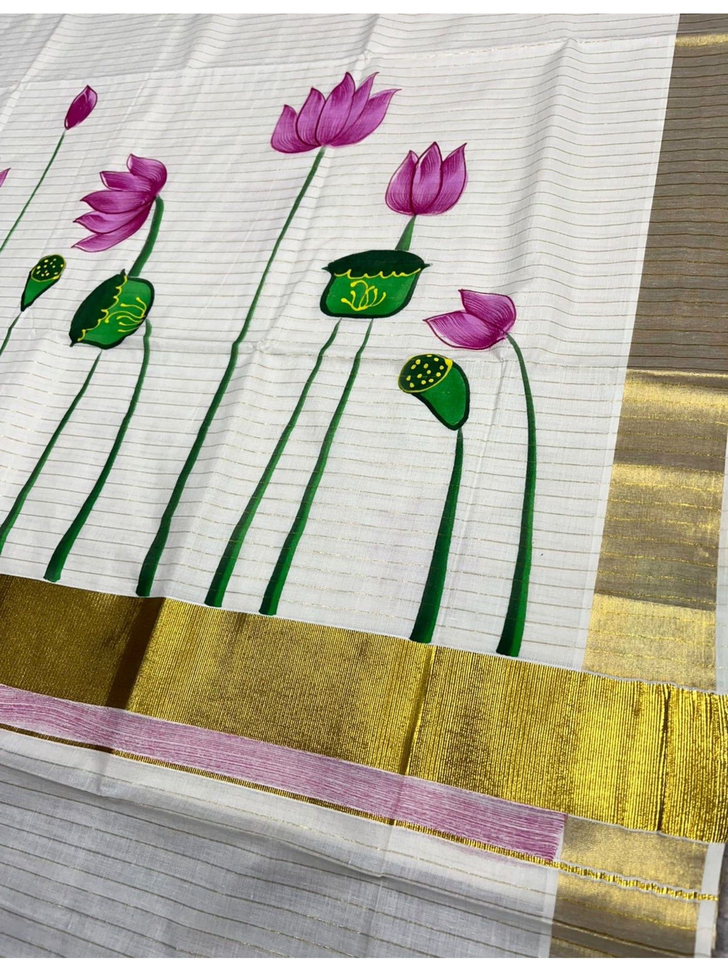 Southloom Cotton Kerala Kasavu Saree with Hand Painted Lotus Design