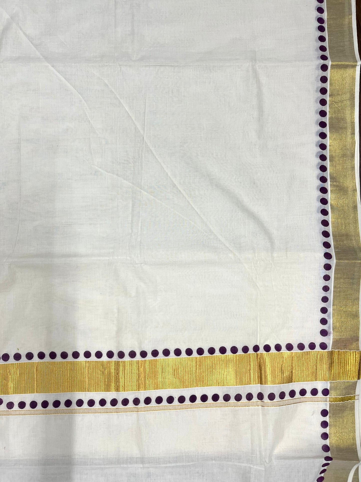 Southloom Cotton Kerala Kasavu Saree with Purple Polk Dots Design Border