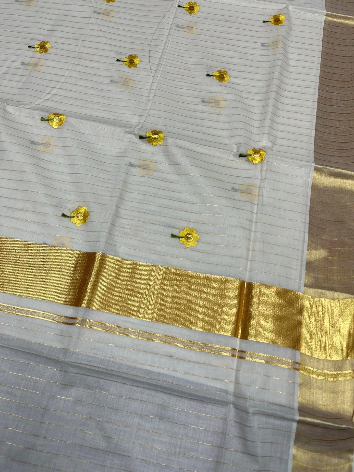 Southloom Cotton Kerala Kasavu Lines Saree with Yellow Floral Embroidery Work on Body