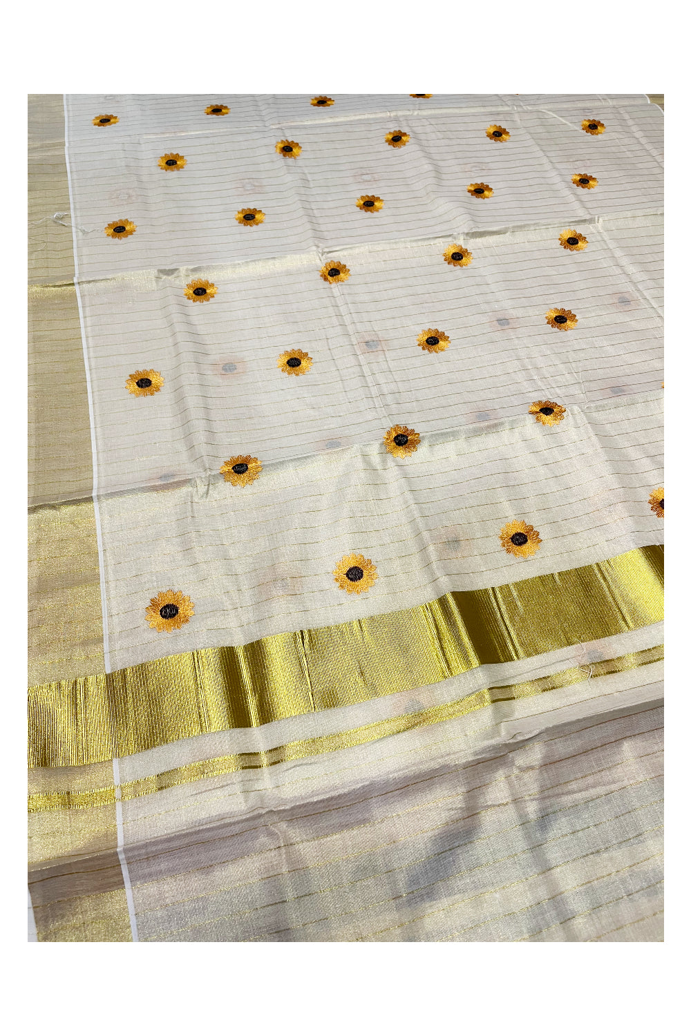 Southloom Kerala Tissue Kasavu Lines Saree with Yellow Floral Embroidery Works on Body