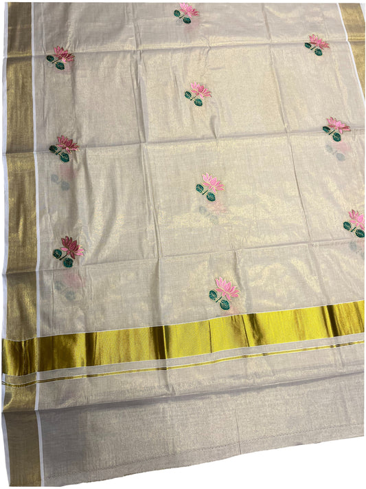 Southloom Lotus Pink and Green Embroidery Tissue Kerala Saree