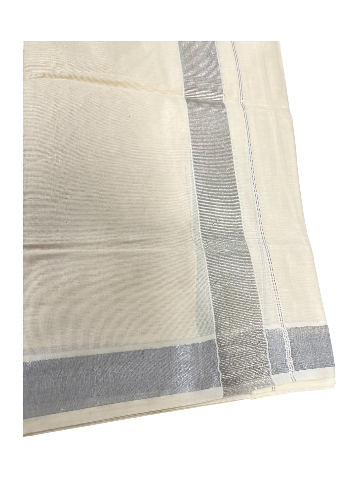 Southloom Pure Cotton Double Mundu With Silver Kasavu Border (South Indian Kerala Dhoti)