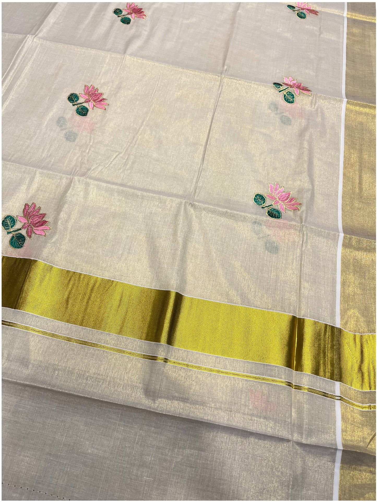 Southloom Lotus Pink and Green Embroidery Tissue Kerala Saree