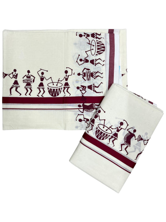 Southloom Pure Cotton Kerala Single Warly Print Set Mundu (Mundum Neriyathum) Maroon Border in 2.50 mtrs SL246