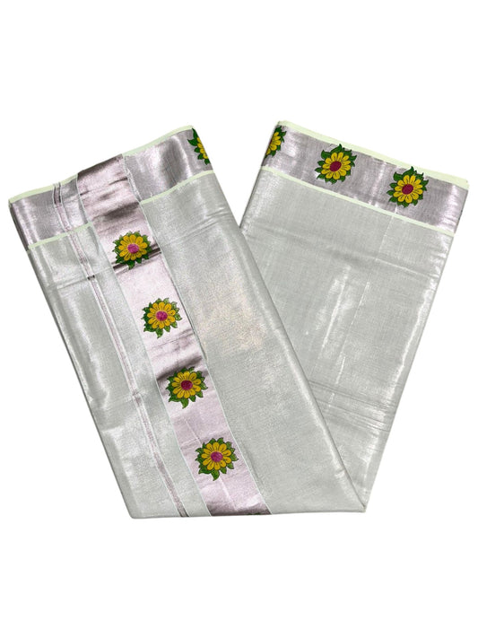 Southloom Kerala Rose Gold Tissue Kasavu Saree with Floral Prints on Border and Pallu