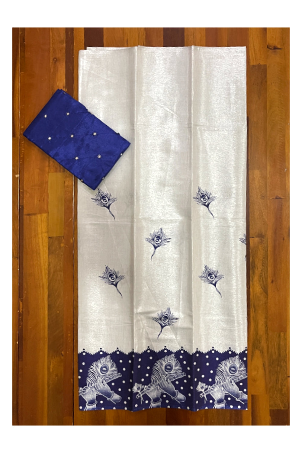 Kerala Silver Tissue Block Printed Pavada and Blue Blouse Material for Kids 3 Meters