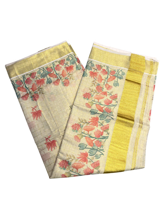 Southloom Kerala Tissue Kasavu Check Saree with Kalamkari Print on Body