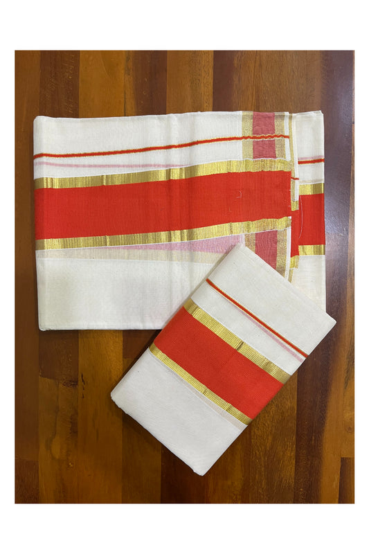 Kerala Cotton Set Mundu (Mundum Neriyathum) with Orange and Kasavu Border 2.80 Mtrs SLKK SL470