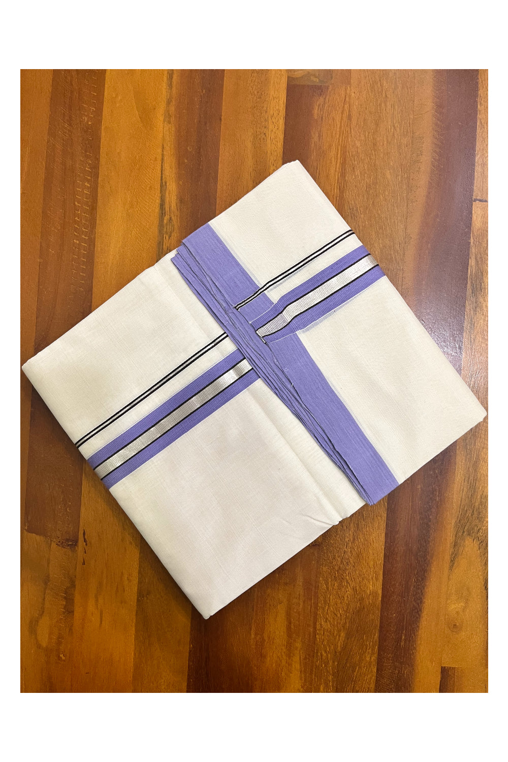 Premium Balaramapuram Handloom Unakkupaavu Cotton Double Mundu with Silver Kasavu and Violet Border