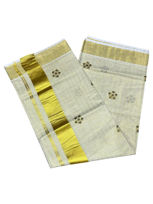 Southloom Kerala Tissue Kasavu Lines Saree with Green Floral Embroidery Design on Body
