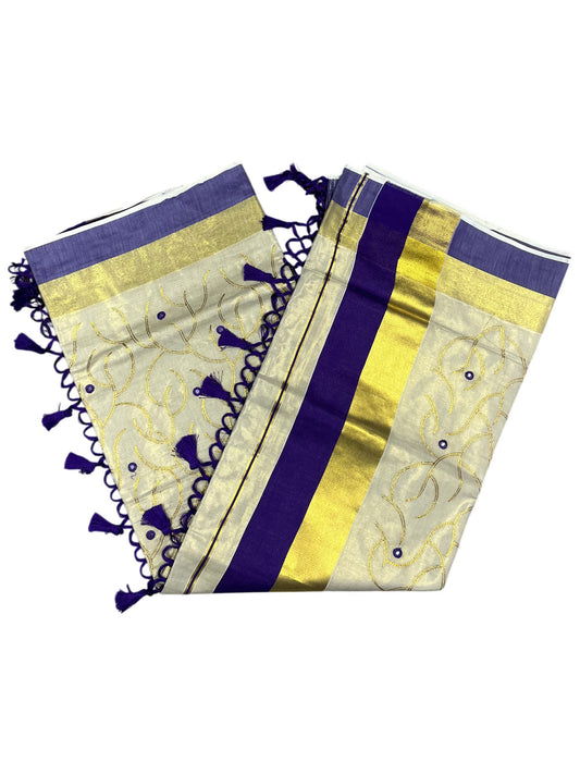 Kerala Tissue Kasavu Stripes Saree with Gold and Violet Floral Embroidery Design on Body SL269