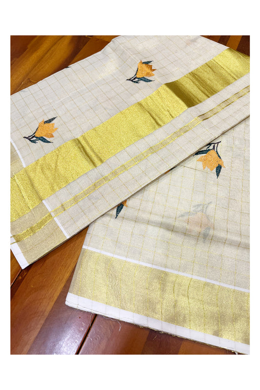 Southloom Kerala Tissue Kasavu Check Saree with Yellow Floral Embroidery Works on Body