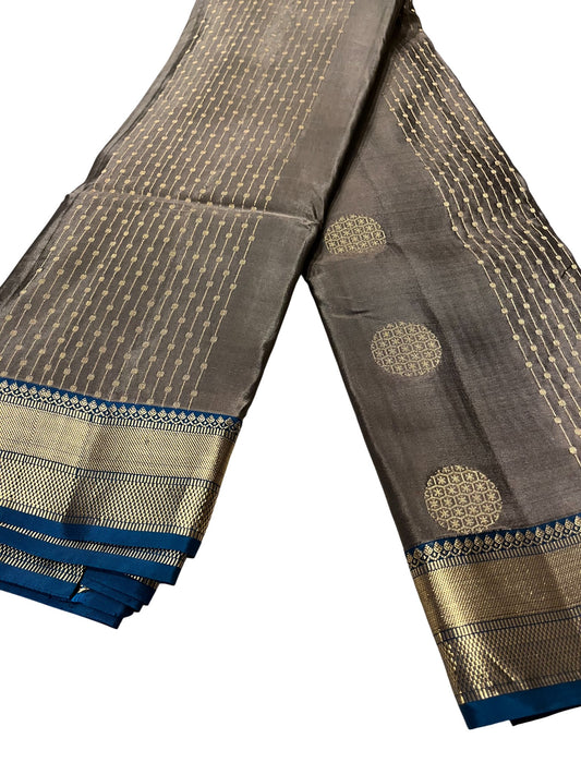 Southloom Pure Handloom Kanchipuram Silk Saree with Korvai Work (Grey & Blue)