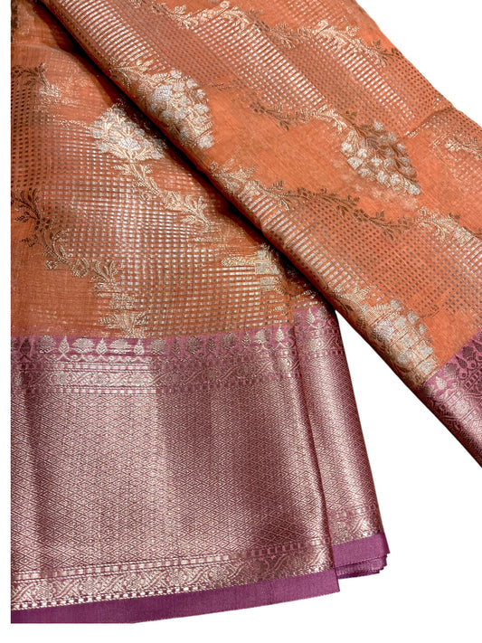 Southloom Tissue Banarasi Silk Saree with Woven Work on Body and Borders (Peach)