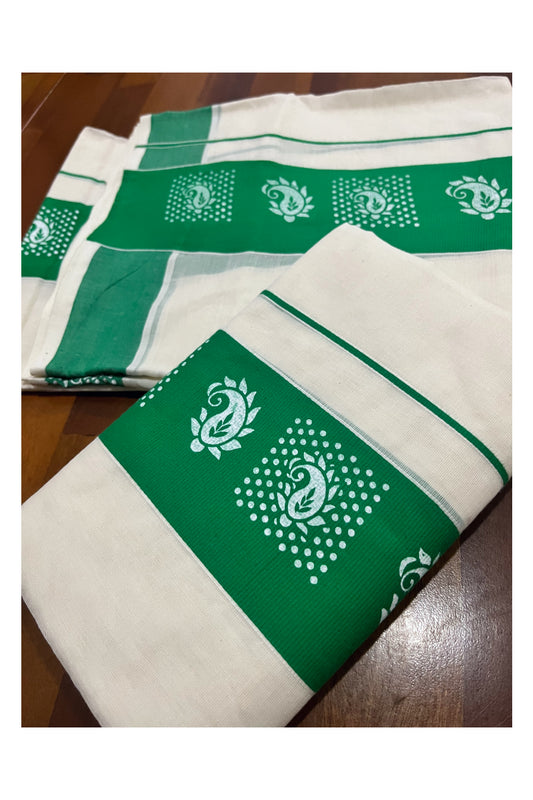 Kerala Cotton Single Set Mundu (Mundum Neriyathum) with Block Prints on Green Border