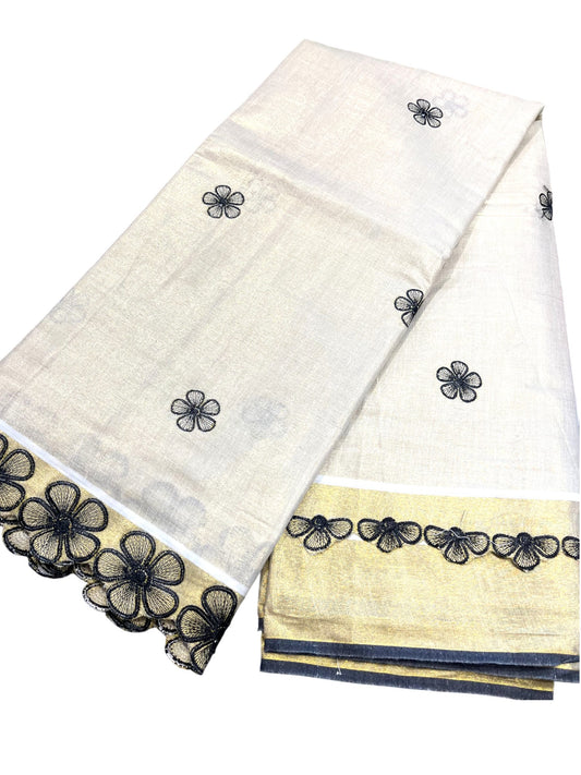 Southloom Kerala Tissue Kasavu Saree with Black Floral Embroidery on Body and Border