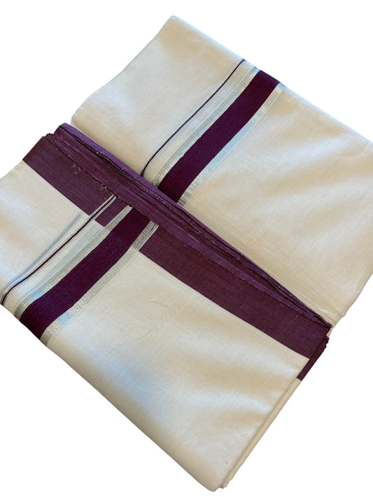 Southloom Premium Handloom Cotton Double Mundu with Silver and Purple Border