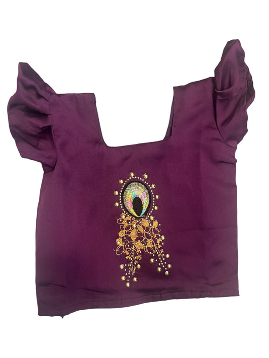Southloom Kerala And Purple Tissue Kasavu Pavada Blouse with Embroidery Work for Kids (Age 2)