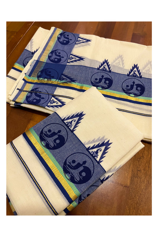 Kerala Cotton Kasavu Mundum Neriyathum Single (Set Mundu) with Blue Block Printed Border