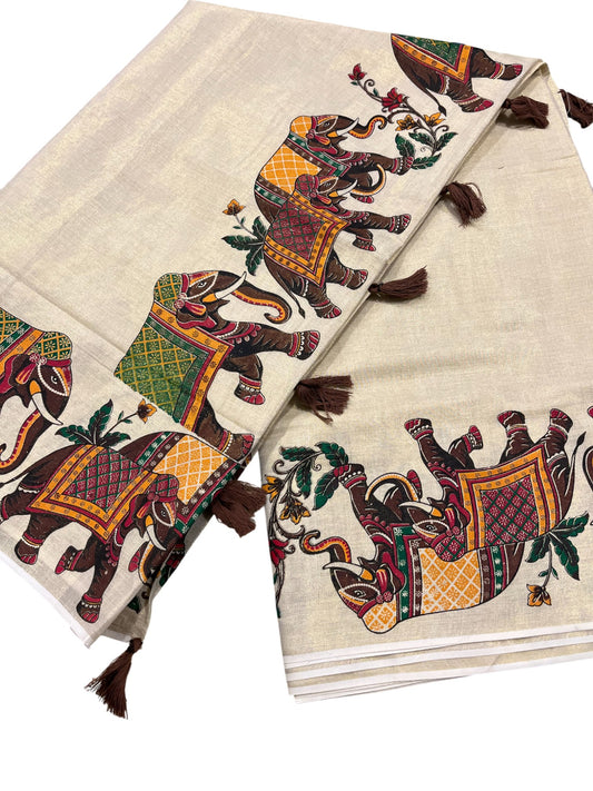 Southloom Kerala Tissue Kasavu Saree With Elephant Design on Borders
