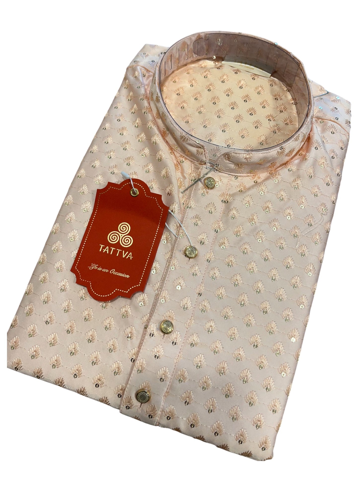 Southloom Beige Woven Patterns Semi Silk Short Kurta for Men