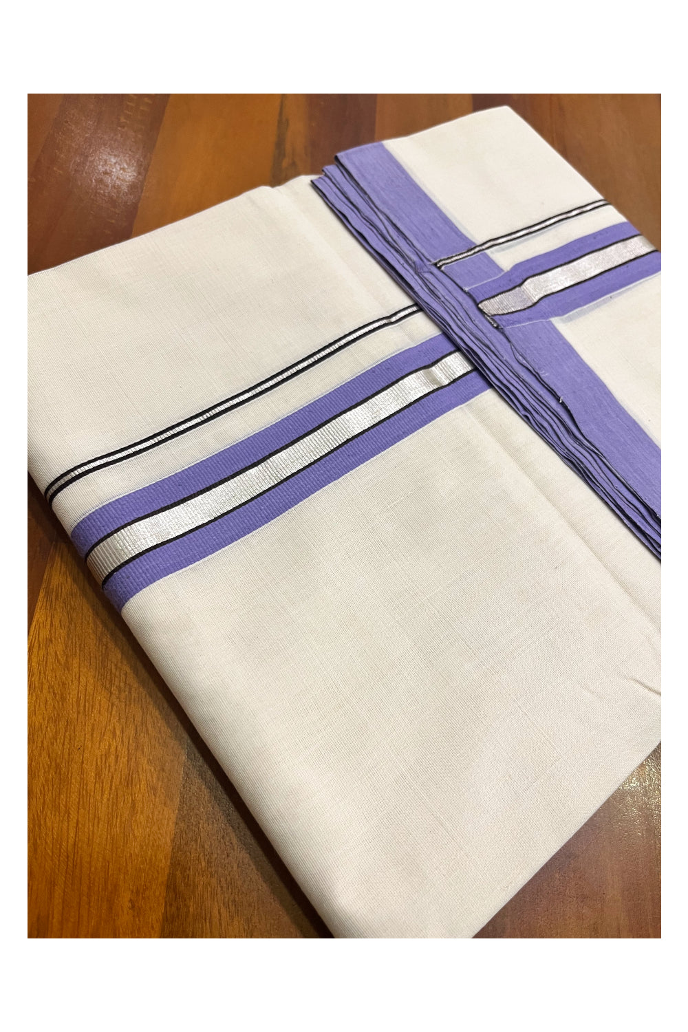 Premium Balaramapuram Handloom Unakkupaavu Cotton Double Mundu with Silver Kasavu and Violet Border