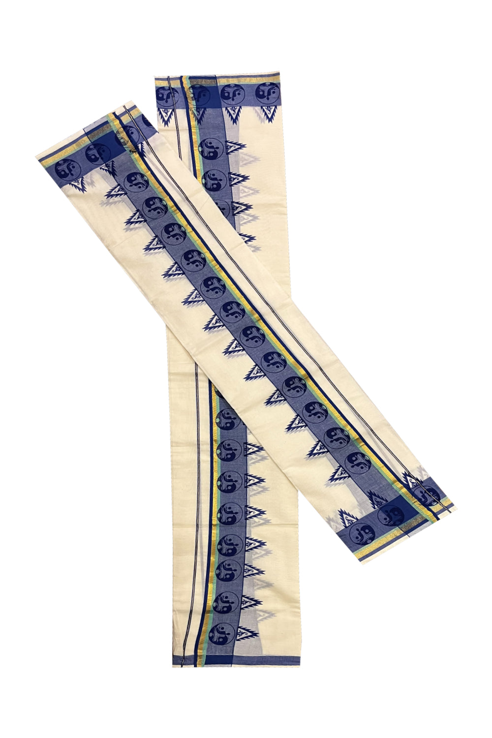 Kerala Cotton Kasavu Mundum Neriyathum Single (Set Mundu) with Blue Block Printed Border