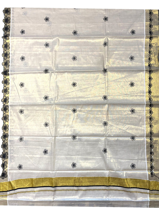 Southloom Kerala Tissue Kasavu Saree with Black Floral Embroidery on Body and Border