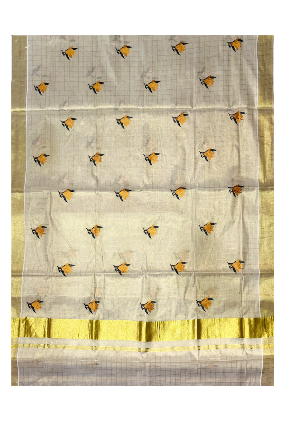 Southloom Kerala Tissue Kasavu Check Saree with Yellow Floral Embroidery Works on Body
