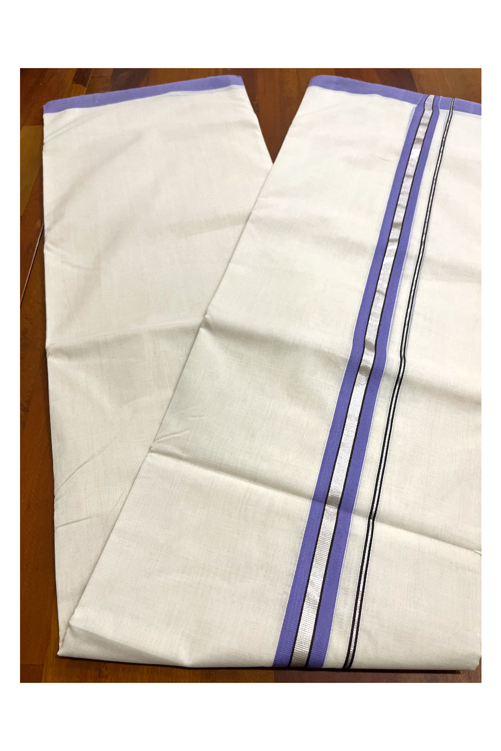 Premium Balaramapuram Handloom Unakkupaavu Cotton Double Mundu with Silver Kasavu and Violet Border