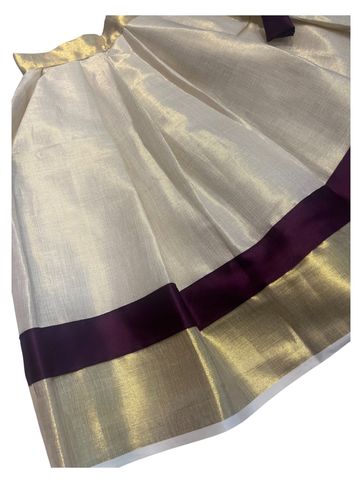 Southloom Kerala And Purple Tissue Kasave Pavada Blouse with Embroidery Work for Kids (Age 2)