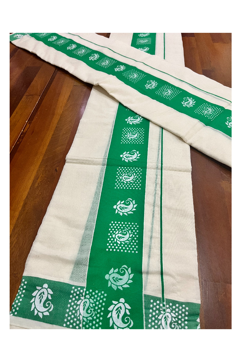 Kerala Cotton Single Set Mundu (Mundum Neriyathum) with Block Prints on Green Border