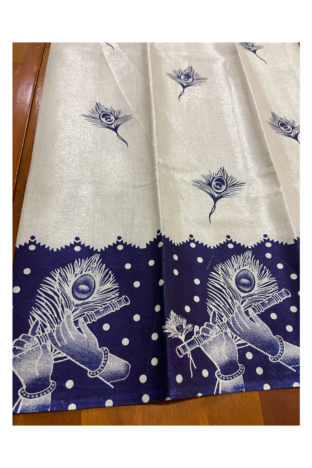 Kerala Silver Tissue Block Printed Pavada and Blue Blouse Material for Kids 3 Meters