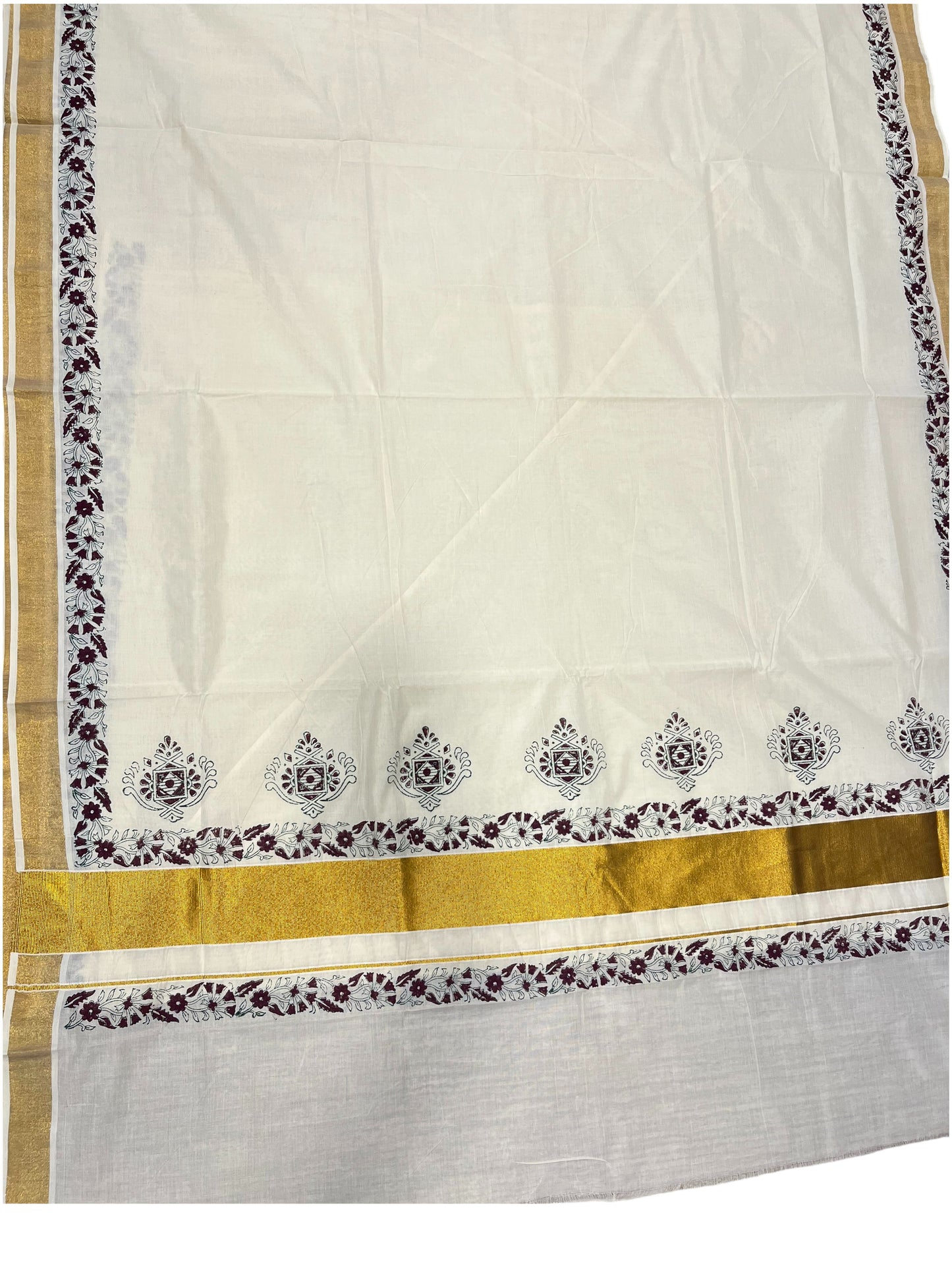 Southloom Cotton Kerala Kasavu Saree with Brown Block Prints On Border